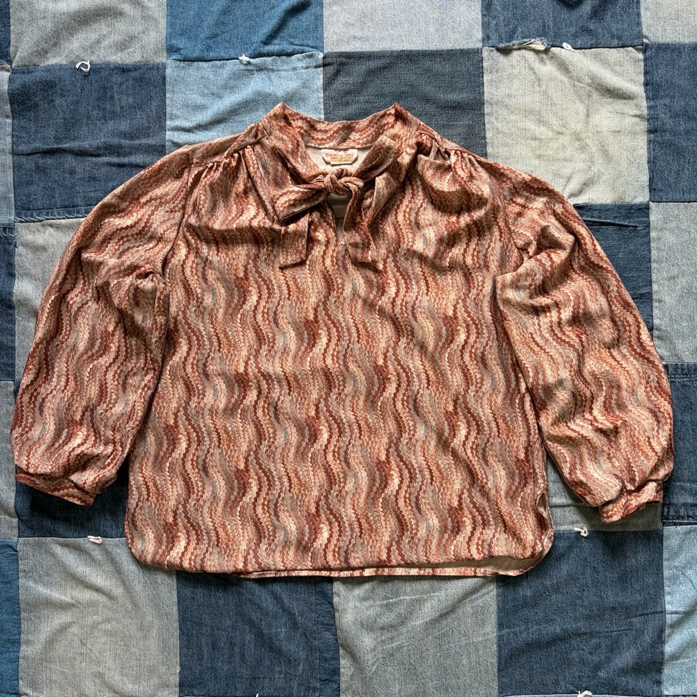 70s psychedelic peggy lou california groovy tie neck tan blue shirt size XL